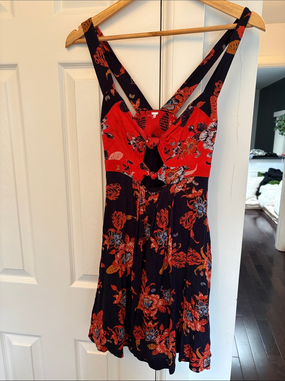 Free People Red and Black Floral Knot-Front Mini Dress - estimated Medium